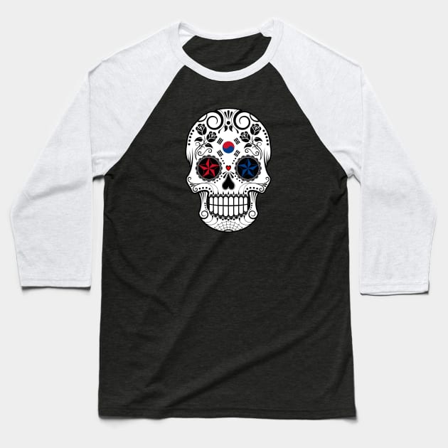 South Korean Flag Sugar Skull with Roses Baseball T-Shirt by jeffbartels